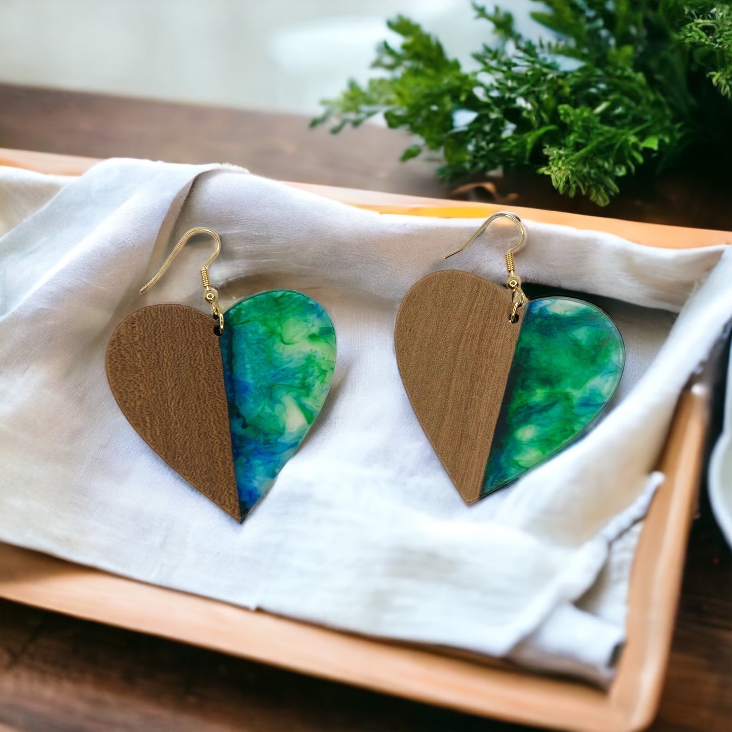 Green Heart Earrings - Wood Jewelry, Stained Glass, Heart Accessories, Green Jewelry, Color Block Jewelry, Dangle Earrings, Green Earrings - Rhythms of Grace Creative