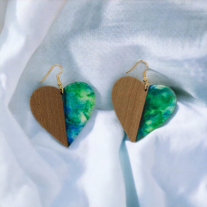 Green Heart Earrings - Wood Jewelry, Stained Glass, Heart Accessories, Green Jewelry, Color Block Jewelry, Dangle Earrings, Green Earrings - Rhythms of Grace Creative