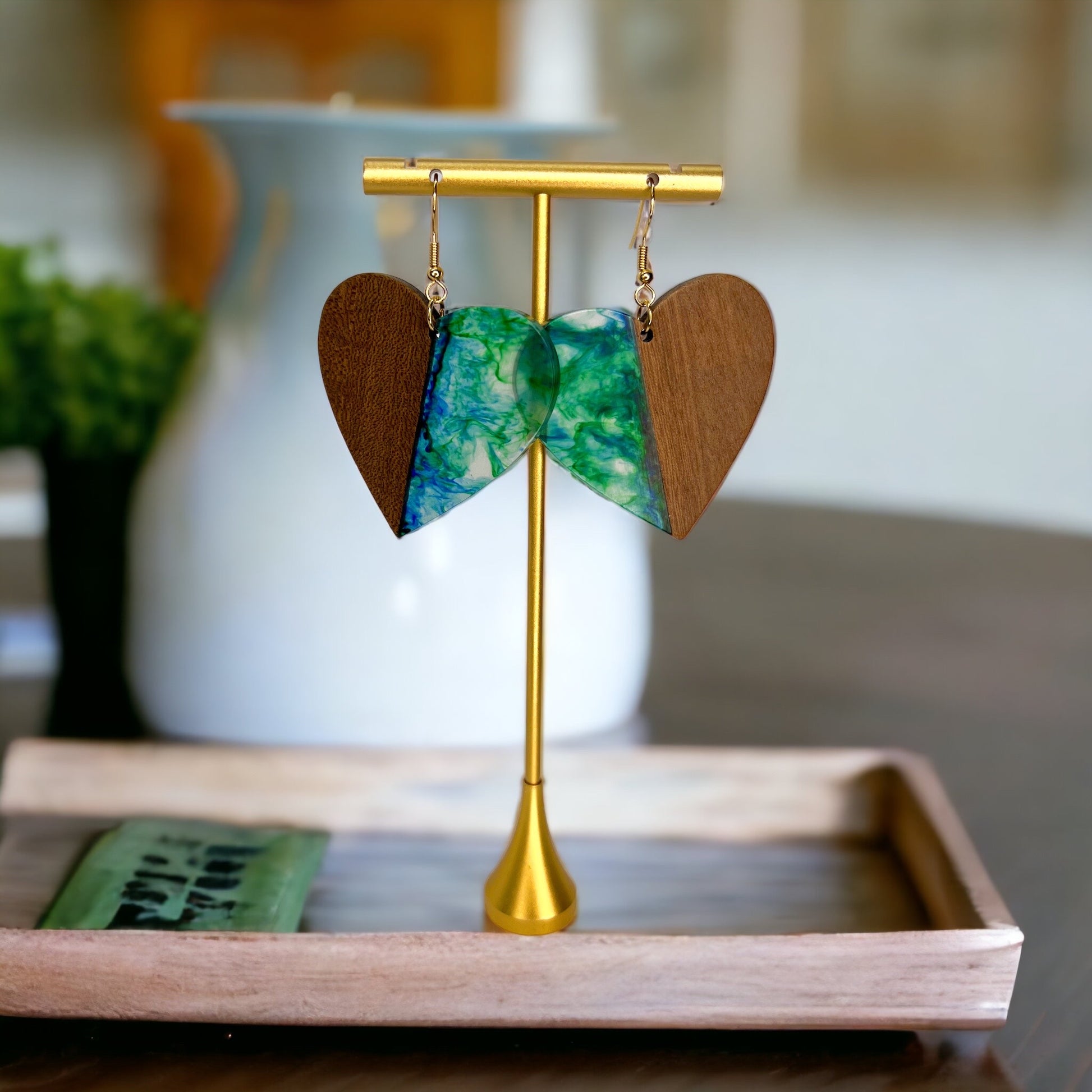 Green Heart Earrings - Wood Jewelry, Stained Glass, Heart Accessories, Green Jewelry, Color Block Jewelry, Dangle Earrings, Green Earrings - Rhythms of Grace Creative