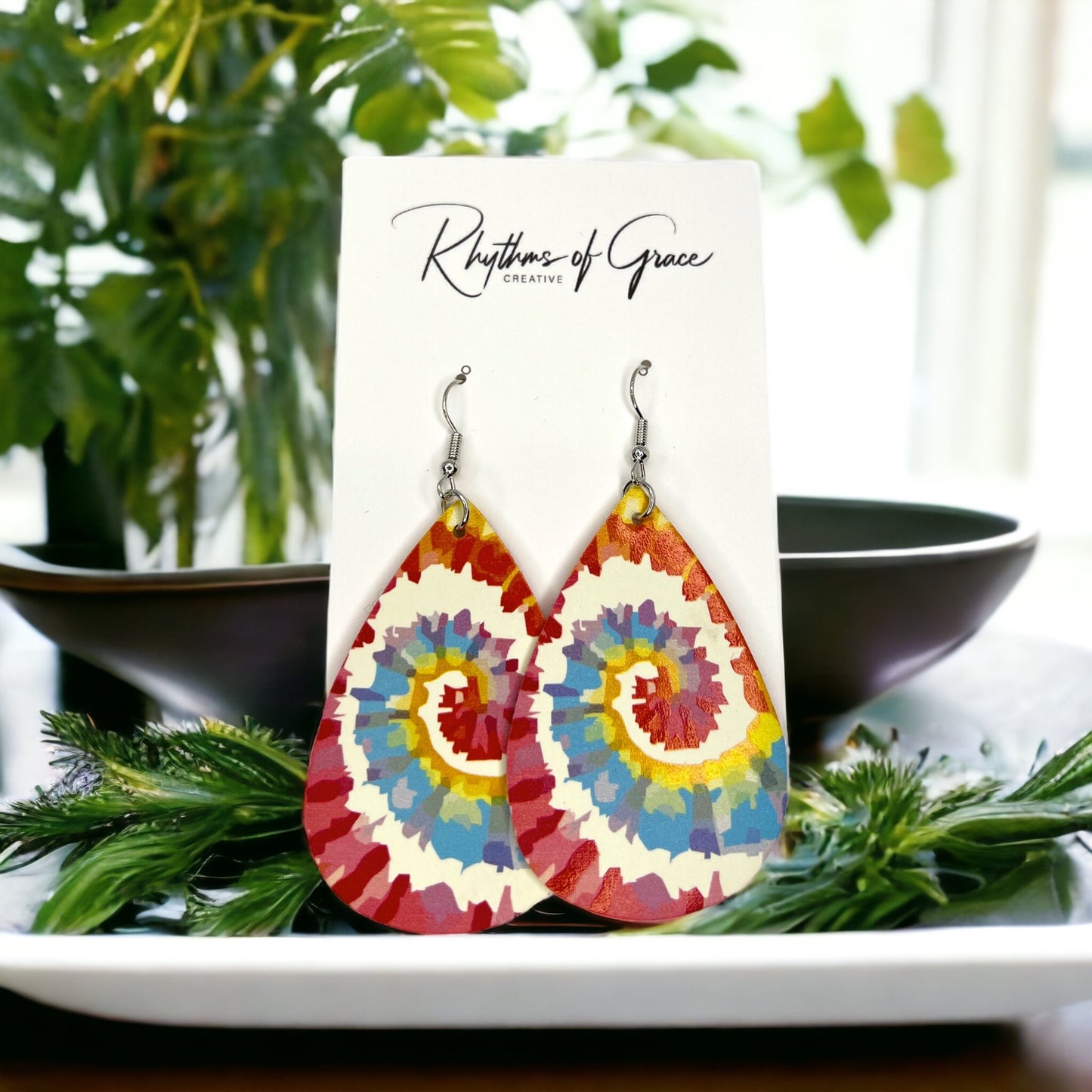 Vibrant Tie Dyed Teardrop Dangle Earrings: Boho Chic Rainbow Style! - Rhythms of Grace Creative