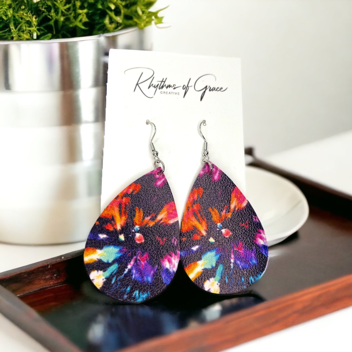 Vibrant Tie Dyed Teardrop Dangle Earrings: Boho Chic Rainbow Style! - Rhythms of Grace Creative
