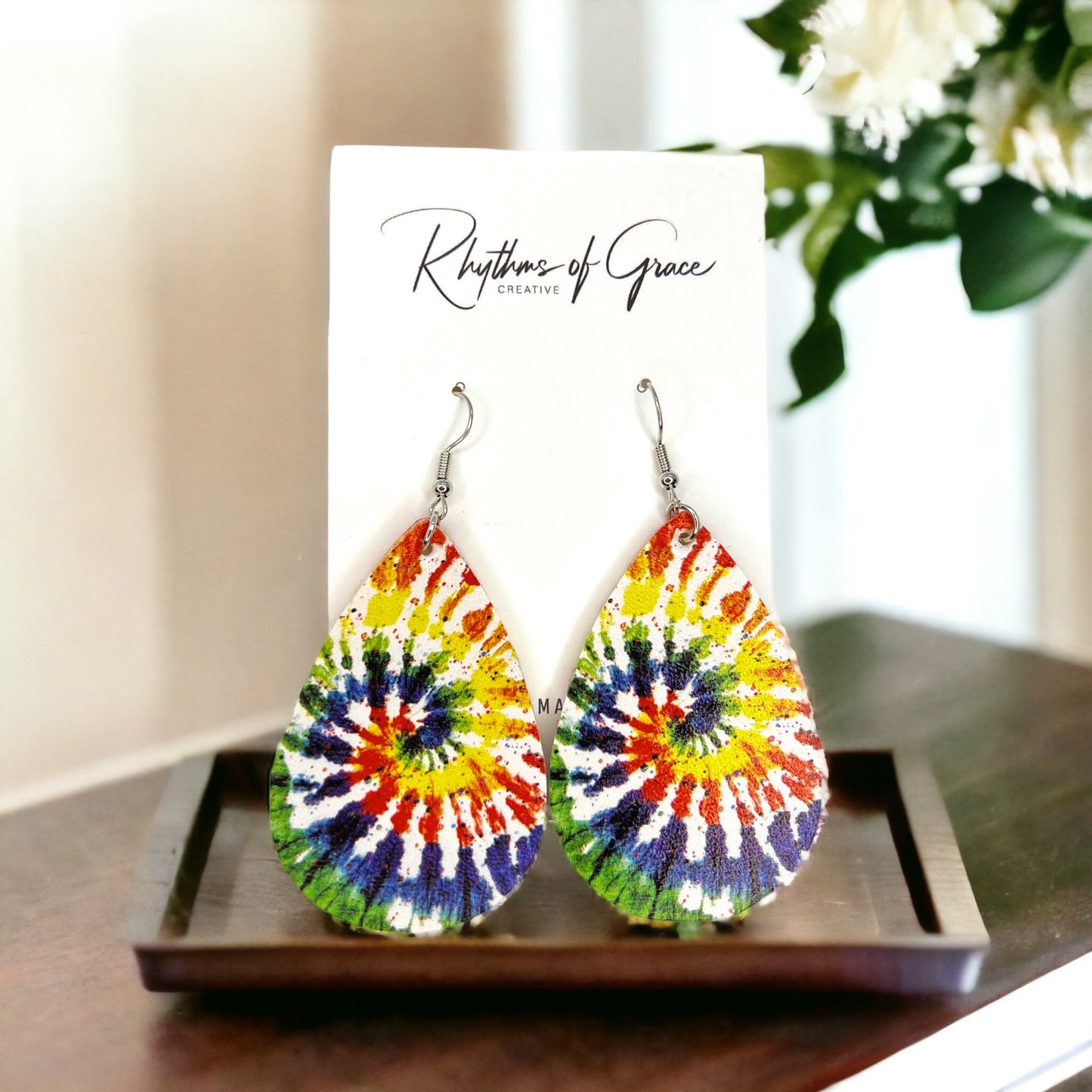 Vibrant Tie Dyed Teardrop Dangle Earrings: Boho Chic Rainbow Style! - Rhythms of Grace Creative