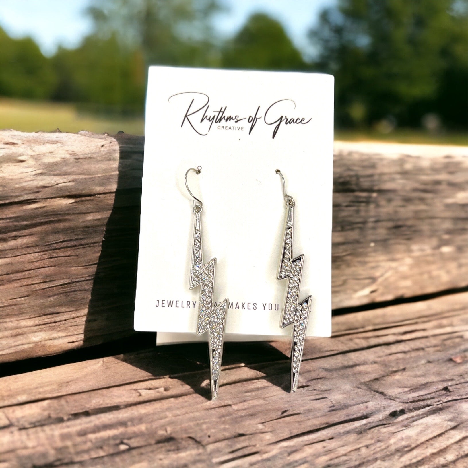 Rhinestone Lightning Earrings - Silver Dangle Earrings, Delicate Earrings, Lightning Jewelry - Rhythms of Grace Creative