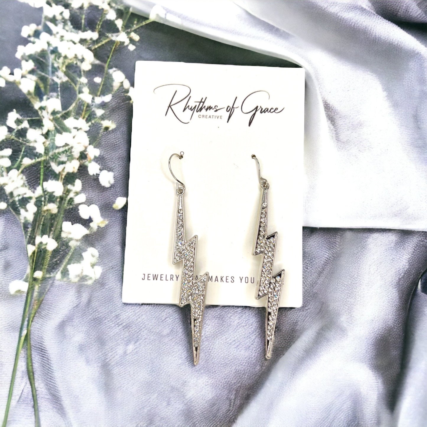 Rhinestone Lightning Earrings - Silver Dangle Earrings, Delicate Earrings, Lightning Jewelry - Rhythms of Grace Creative