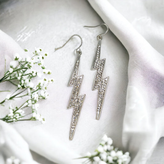 Rhinestone Lightning Earrings - Silver Dangle Earrings, Delicate Earrings, Lightning Jewelry - Rhythms of Grace Creative