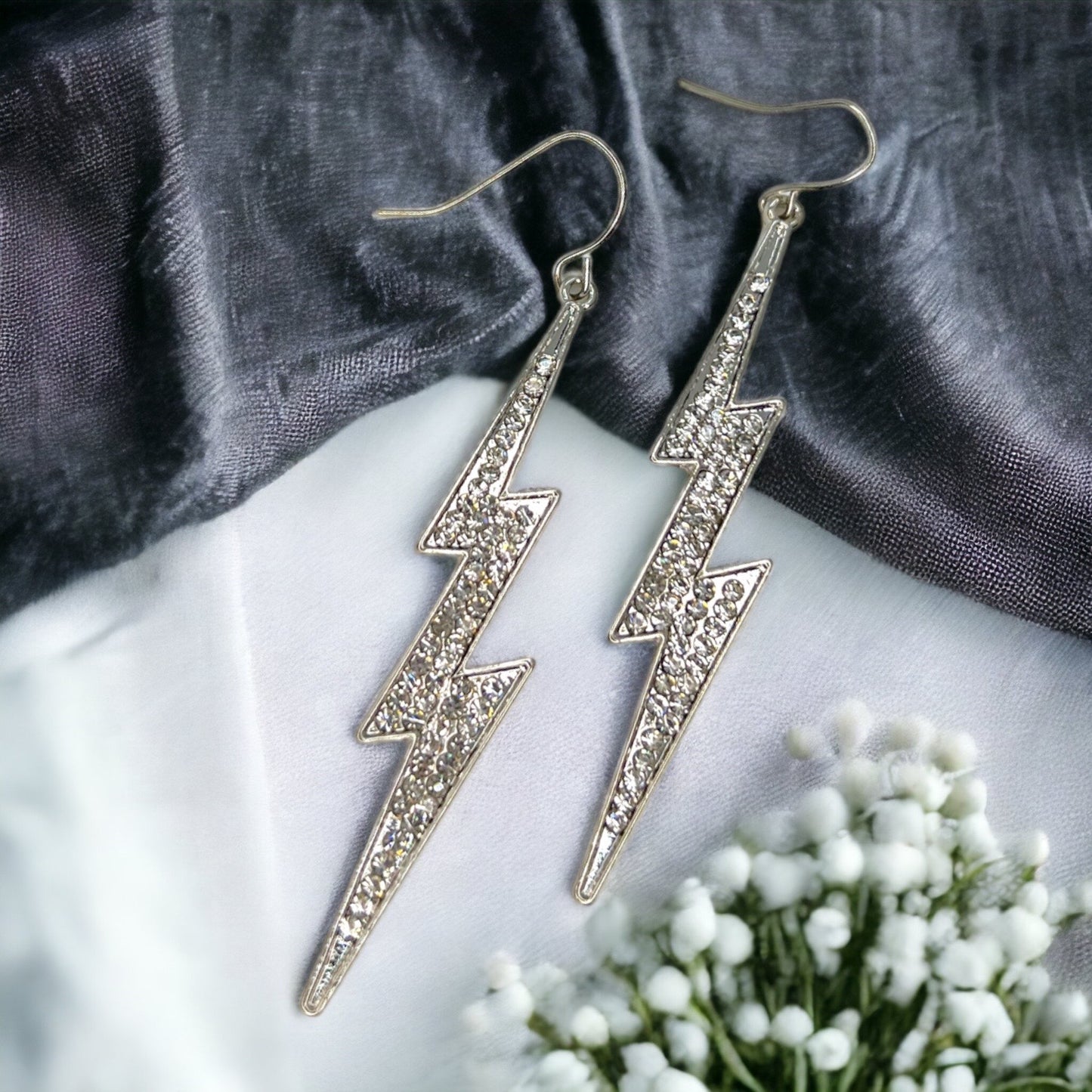 Rhinestone Lightning Earrings - Silver Dangle Earrings, Delicate Earrings, Lightning Jewelry - Rhythms of Grace Creative