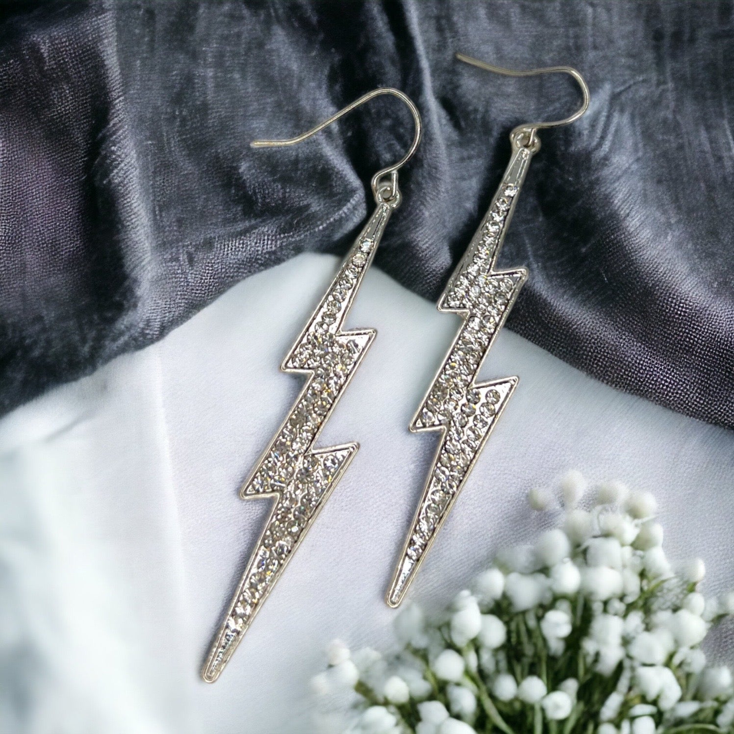 Rhinestone Lightning Earrings - Silver Dangle Earrings, Delicate Earrings, Lightning Jewelry - Rhythms of Grace Creative