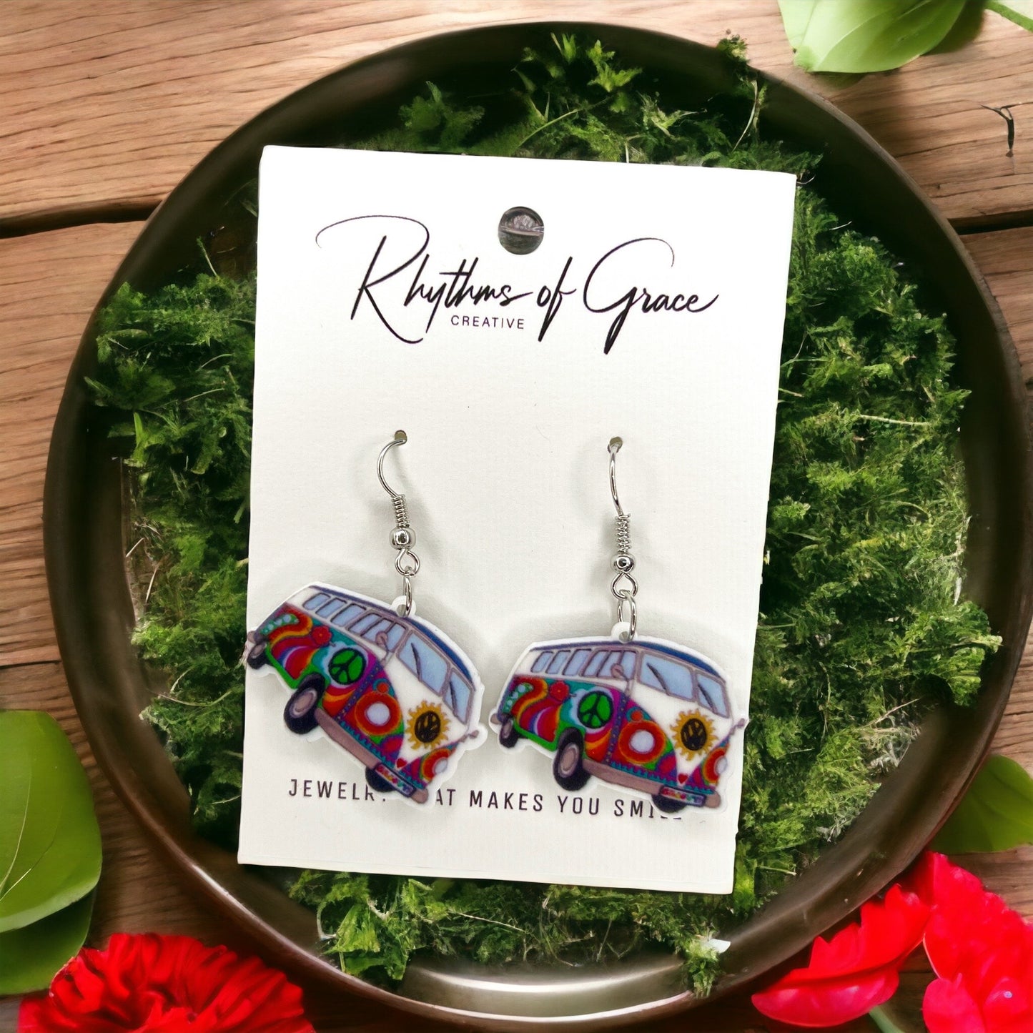Hippie Van Earrings - Van Accessories, Roadtrip Earrings, Travel Accessories, Flower Power - Rhythms of Grace Creative