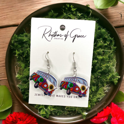 Hippie Van Earrings - Van Accessories, Roadtrip Earrings, Travel Accessories, Flower Power - Rhythms of Grace Creative