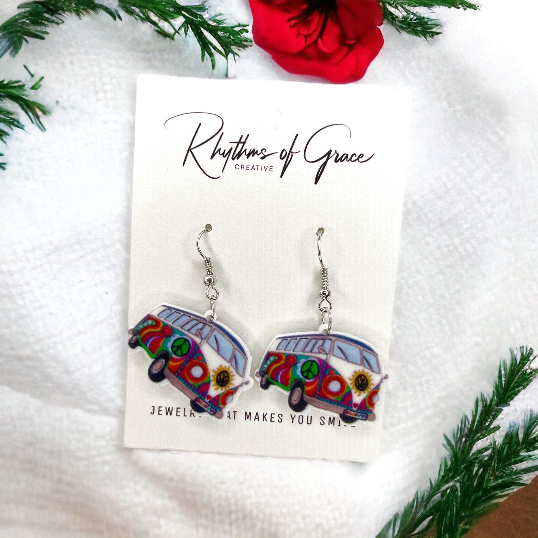 Hippie Van Earrings - Van Accessories, Roadtrip Earrings, Travel Accessories, Flower Power - Rhythms of Grace Creative