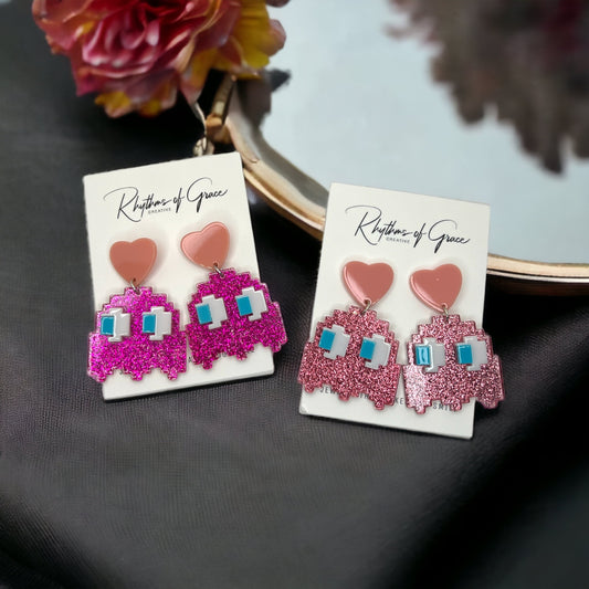Pink PAC-MAN Earrings - 80’s Retro, Pacman Earrings, Pac-Man Costume, Cartoon Character, Retro Video Game, Handmade Earrings - Rhythms of Grace Creative