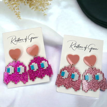 Pink PAC-MAN Earrings - 80’s Retro, Pacman Earrings, Pac-Man Costume, Cartoon Character, Retro Video Game, Handmade Earrings - Rhythms of Grace Creative