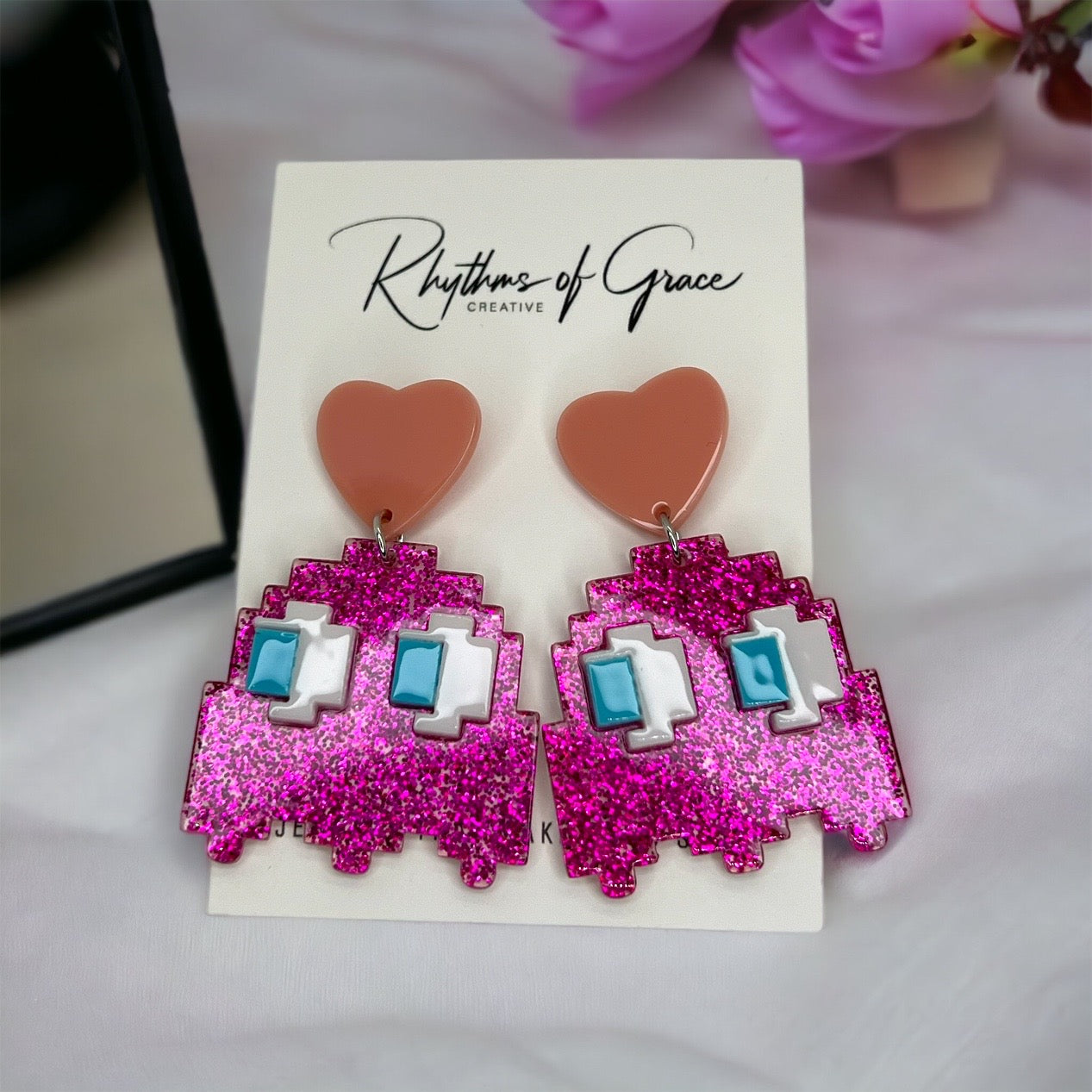 Pink PAC-MAN Earrings - 80’s Retro, Pacman Earrings, Pac-Man Costume, Cartoon Character, Retro Video Game, Handmade Earrings - Rhythms of Grace Creative