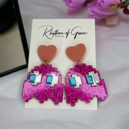 Pink PAC-MAN Earrings - 80’s Retro, Pacman Earrings, Pac-Man Costume, Cartoon Character, Retro Video Game, Handmade Earrings - Rhythms of Grace Creative