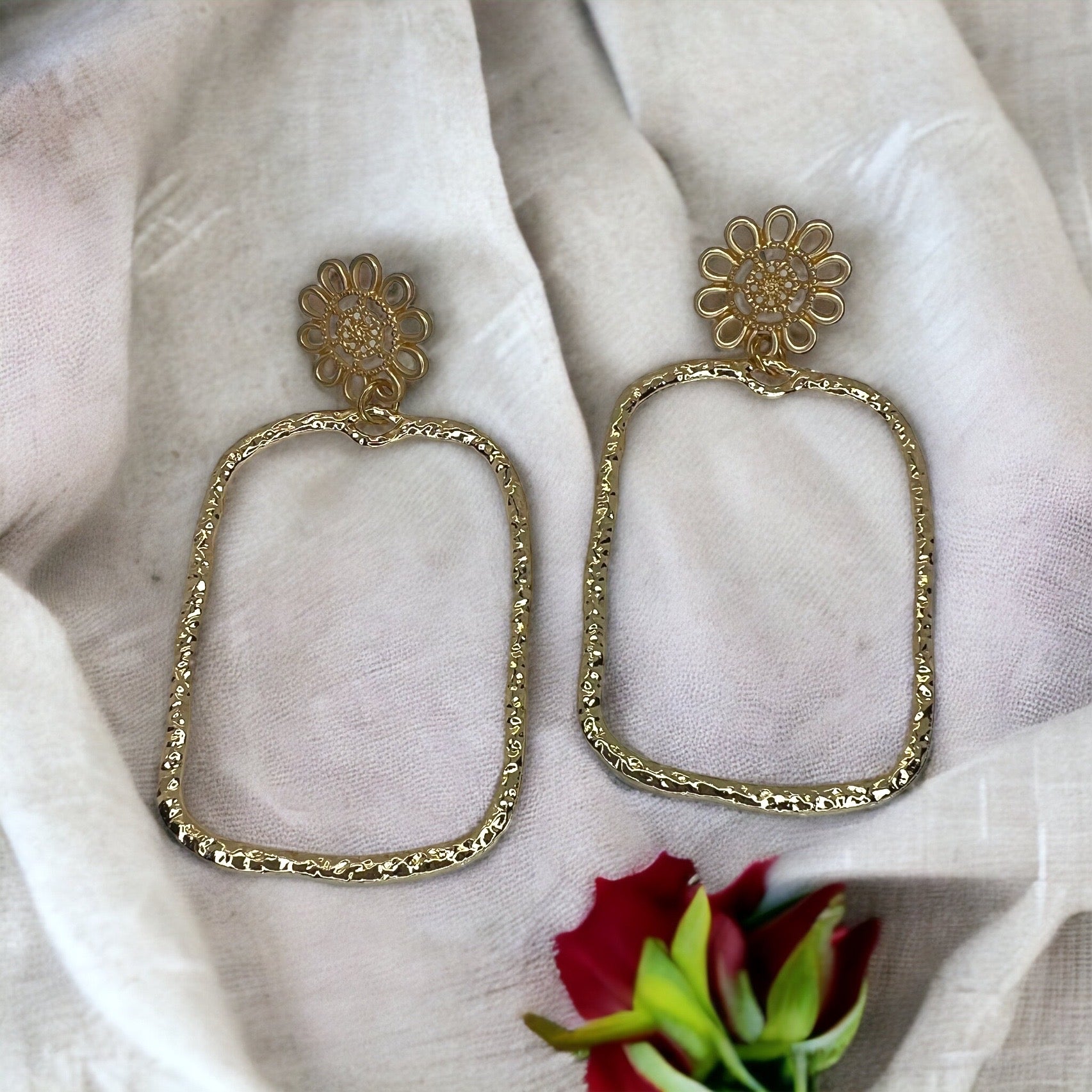Gold Dangle Earrings - Gold Sparkle, Gold Earrings, Handmade Earrings, Flower Earrings, Gold Accessories - Rhythms of Grace Creative