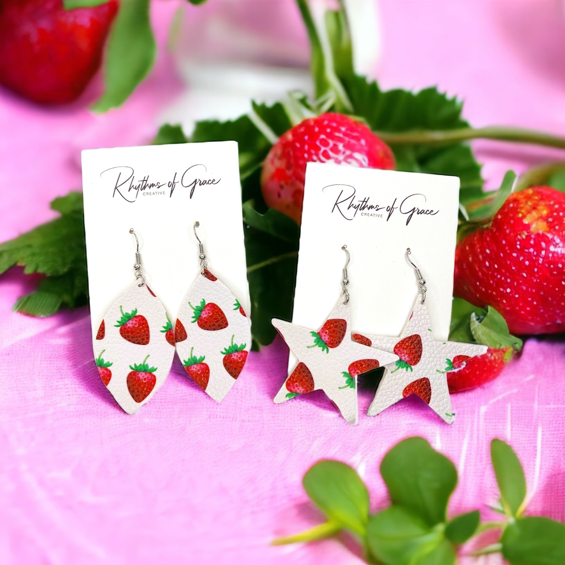 Strawberry Earrings - Star Earrings, Strawberry Accessories, Handmade Earrings, Leather Earrings - Rhythms of Grace Creative