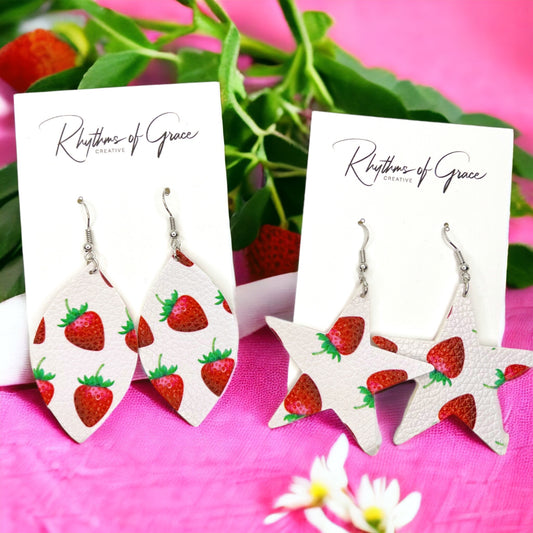 Strawberry Earrings - Star Earrings, Strawberry Accessories, Handmade Earrings, Leather Earrings - Rhythms of Grace Creative