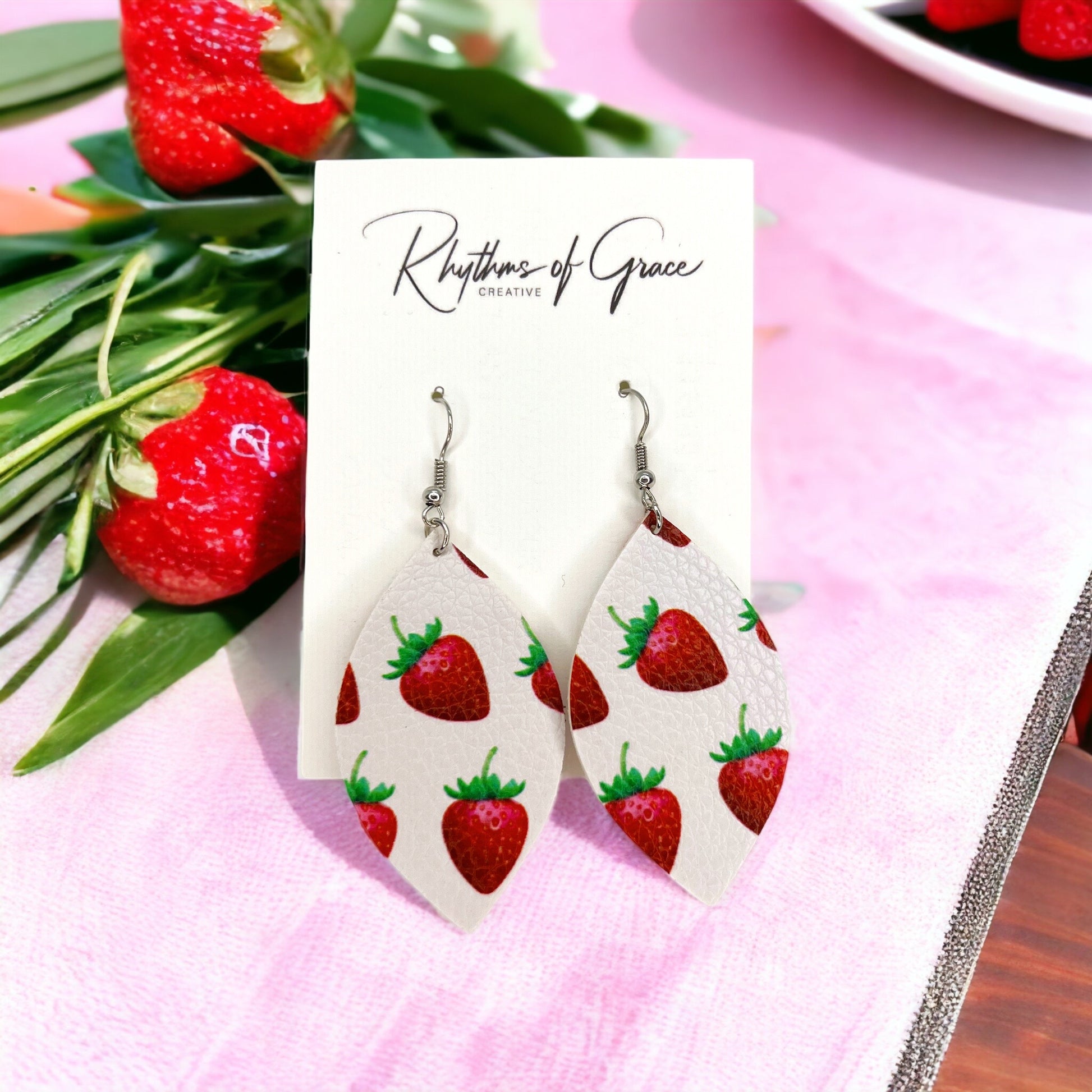 Strawberry Earrings - Star Earrings, Strawberry Accessories, Handmade Earrings, Leather Earrings - Rhythms of Grace Creative