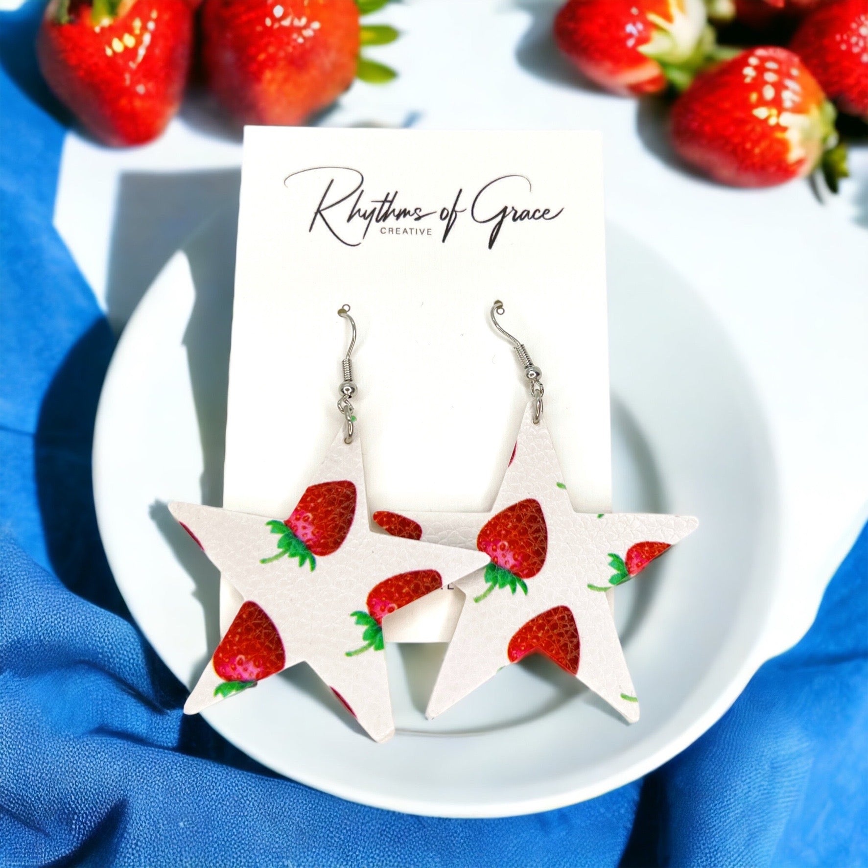 Strawberry Earrings - Star Earrings, Strawberry Accessories, Handmade Earrings, Leather Earrings - Rhythms of Grace Creative
