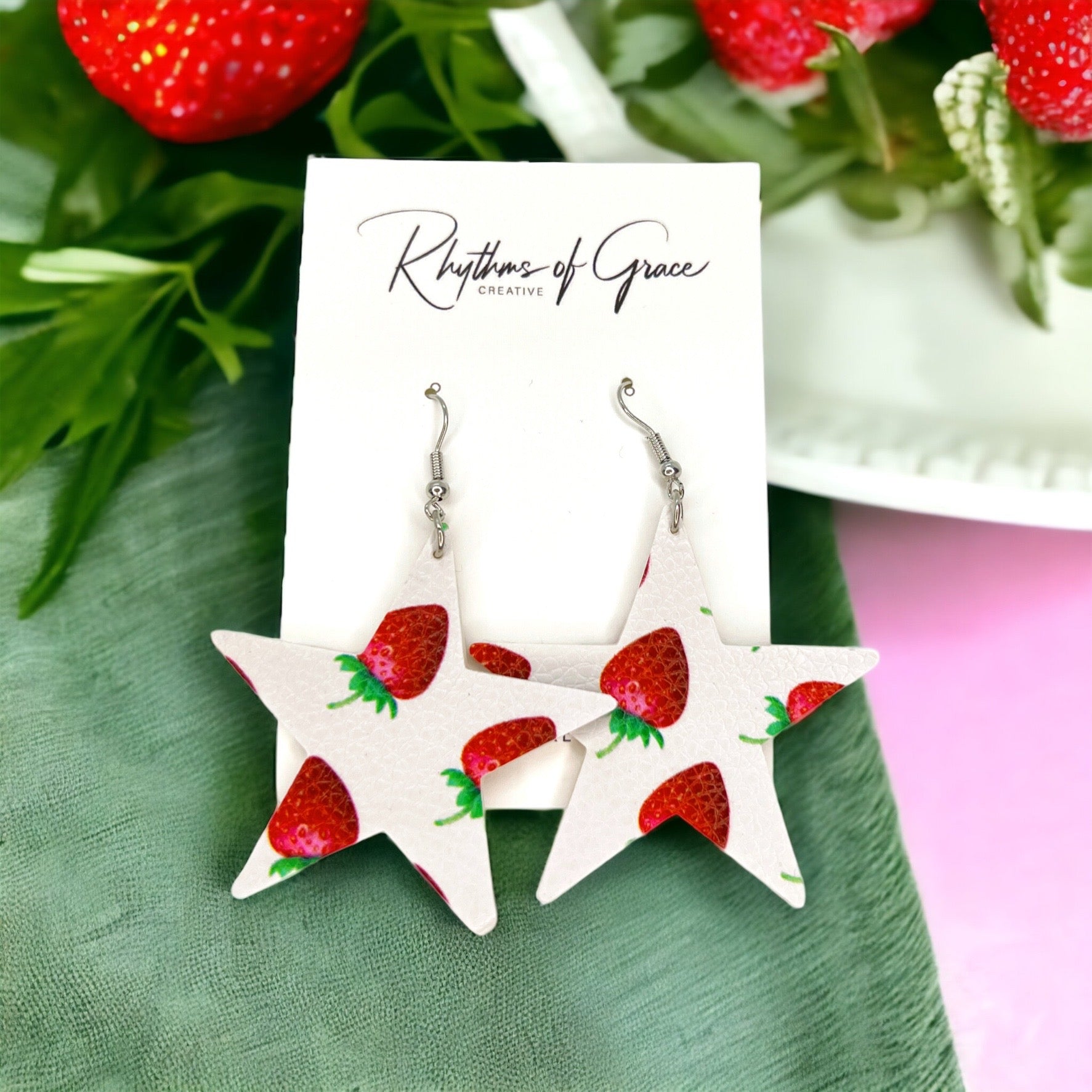 Strawberry Earrings - Star Earrings, Strawberry Accessories, Handmade Earrings, Leather Earrings - Rhythms of Grace Creative