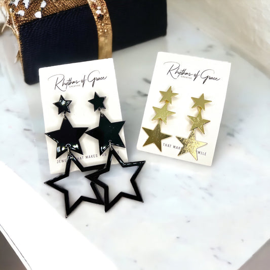 Dangle Star Earrings - Gold Glitter, Gold Star Earrings, Black Star Earrings, Handmade Earrings, Rhinestone Earrings, Star Accessories - Rhythms of Grace Creative