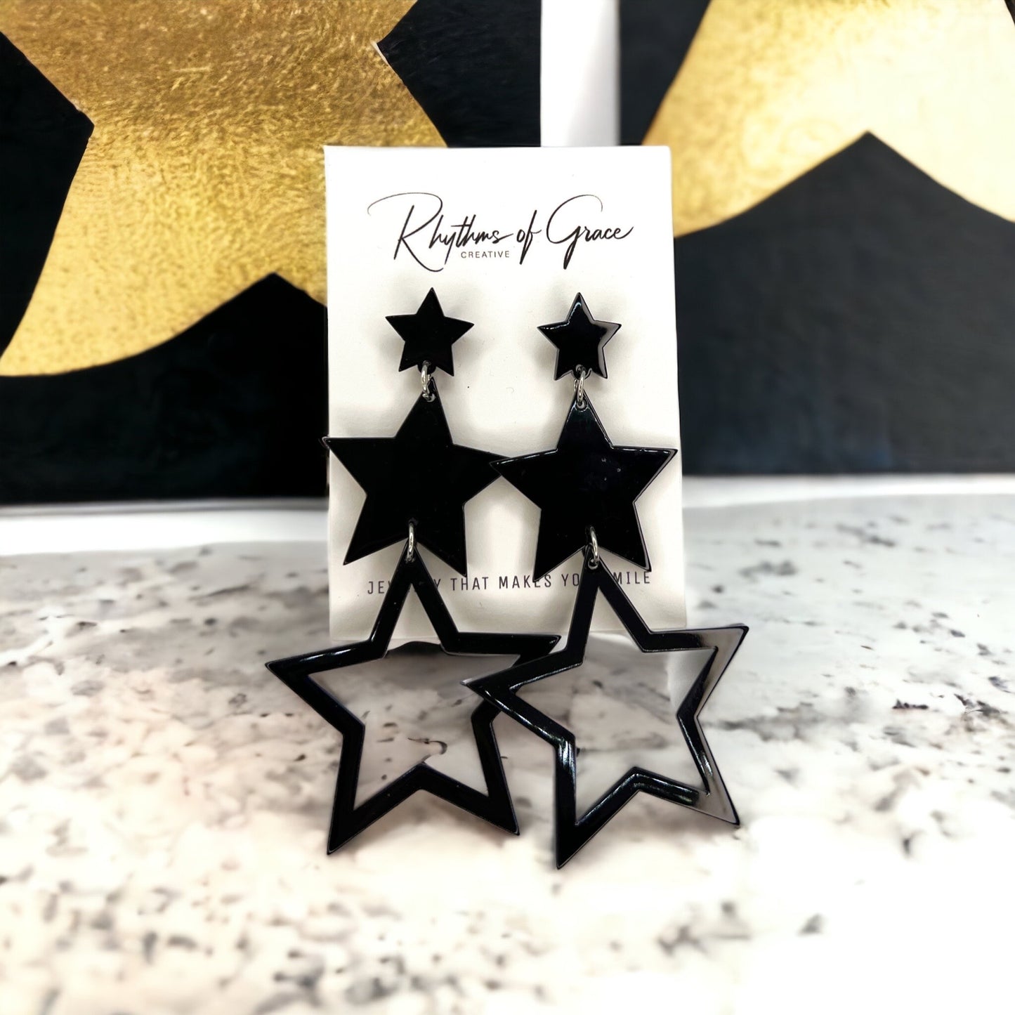 Dangle Star Earrings - Gold Glitter, Gold Star Earrings, Black Star Earrings, Handmade Earrings, Rhinestone Earrings, Star Accessories - Rhythms of Grace Creative