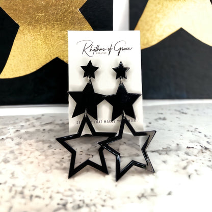 Dangle Star Earrings - Gold Glitter, Gold Star Earrings, Black Star Earrings, Handmade Earrings, Rhinestone Earrings, Star Accessories - Rhythms of Grace Creative