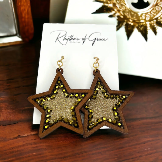 Boho Star Earrings - Gold Glitter, Gold Star Earrings, Handmade Earrings, Rhinestone Earrings, Star Accessories - Rhythms of Grace Creative