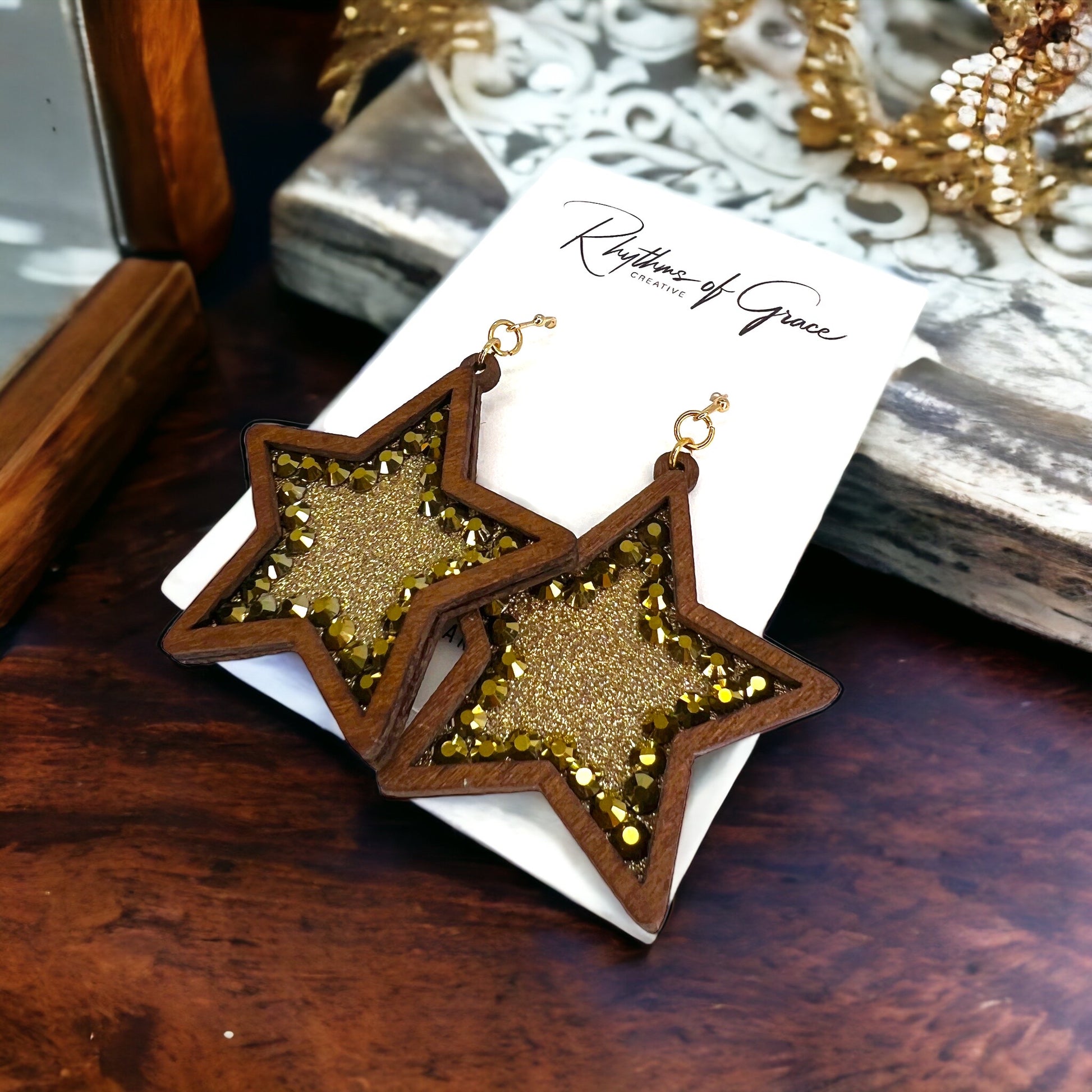 Boho Star Earrings - Gold Glitter, Gold Star Earrings, Handmade Earrings, Rhinestone Earrings, Star Accessories - Rhythms of Grace Creative