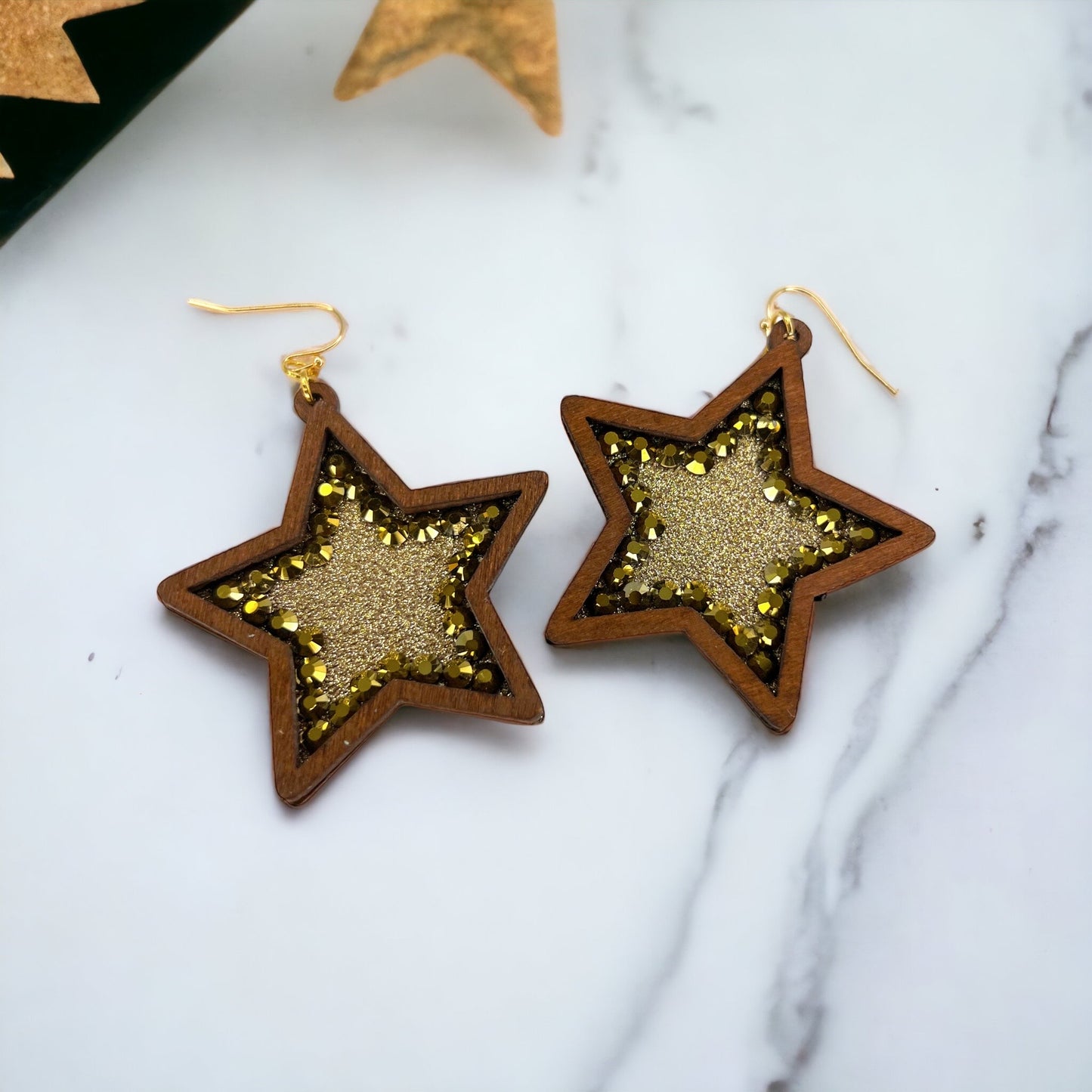 Boho Star Earrings - Gold Glitter, Gold Star Earrings, Handmade Earrings, Rhinestone Earrings, Star Accessories - Rhythms of Grace Creative
