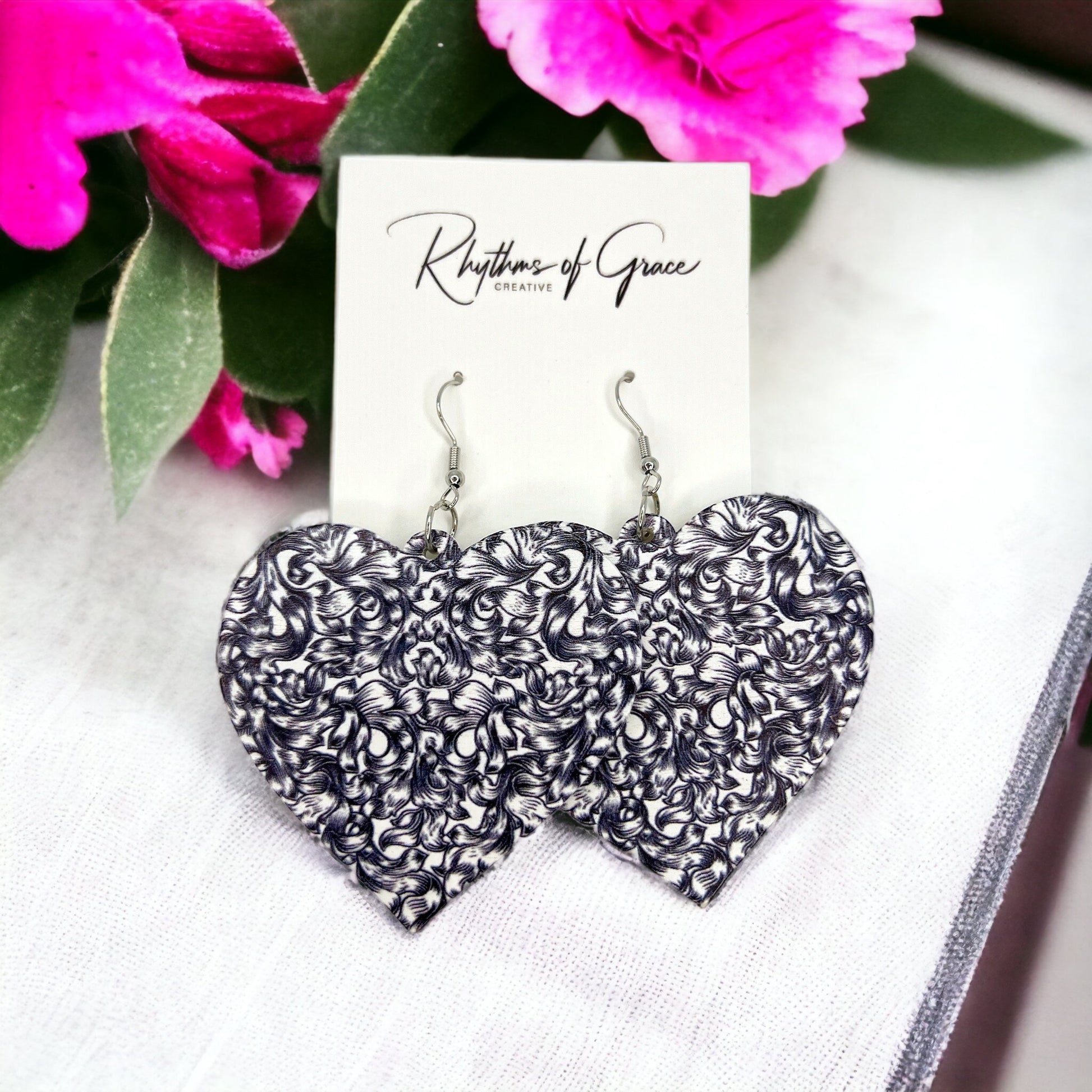 Black and White Heart Earrings - Black and White Earrings, Handmade Earrings, Black Paisley - Rhythms of Grace Creative