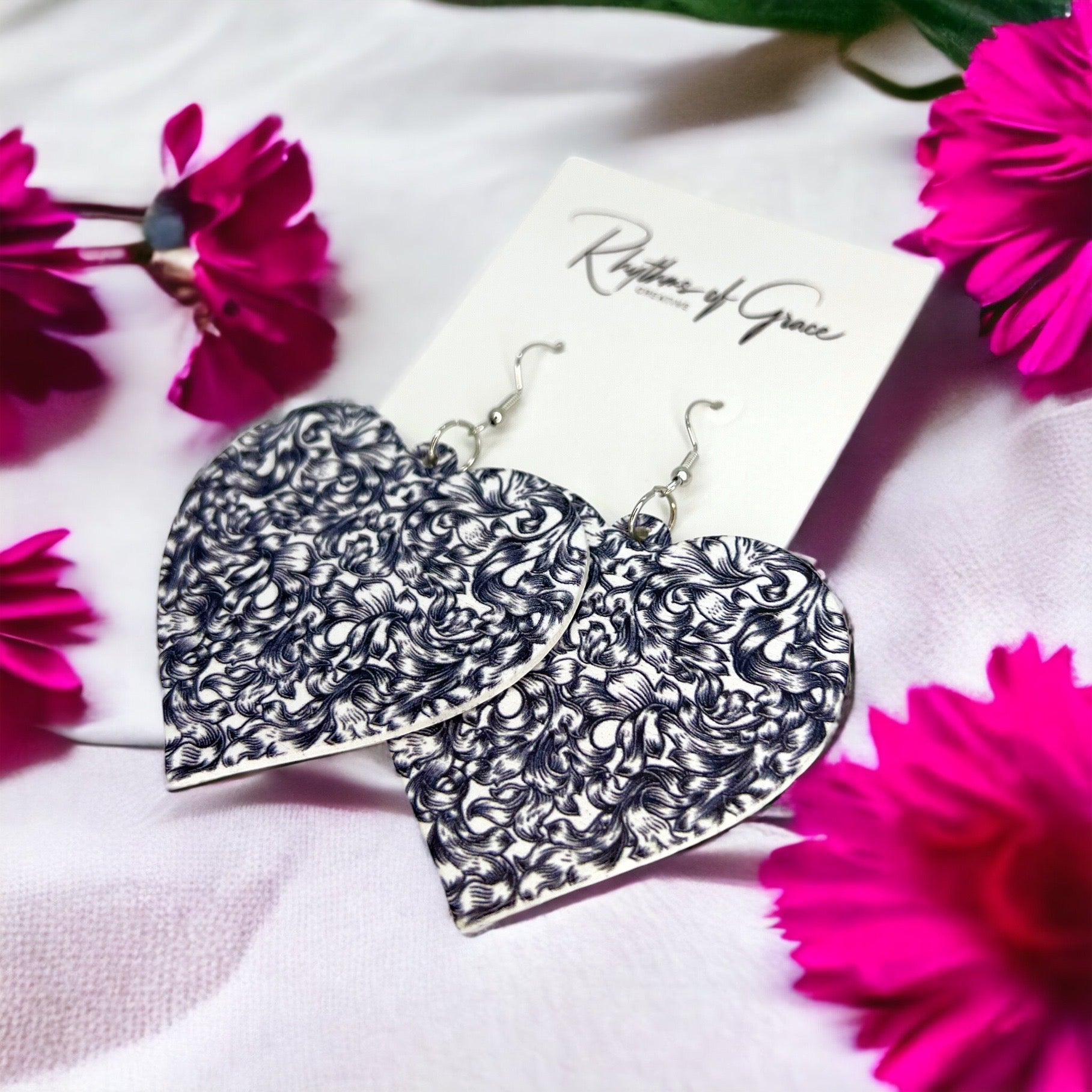 Black and White Heart Earrings - Black and White Earrings, Handmade Earrings, Black Paisley - Rhythms of Grace Creative