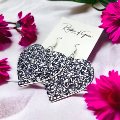 Black and White Heart Earrings - Black and White Earrings, Handmade Earrings, Black Paisley - Rhythms of Grace Creative