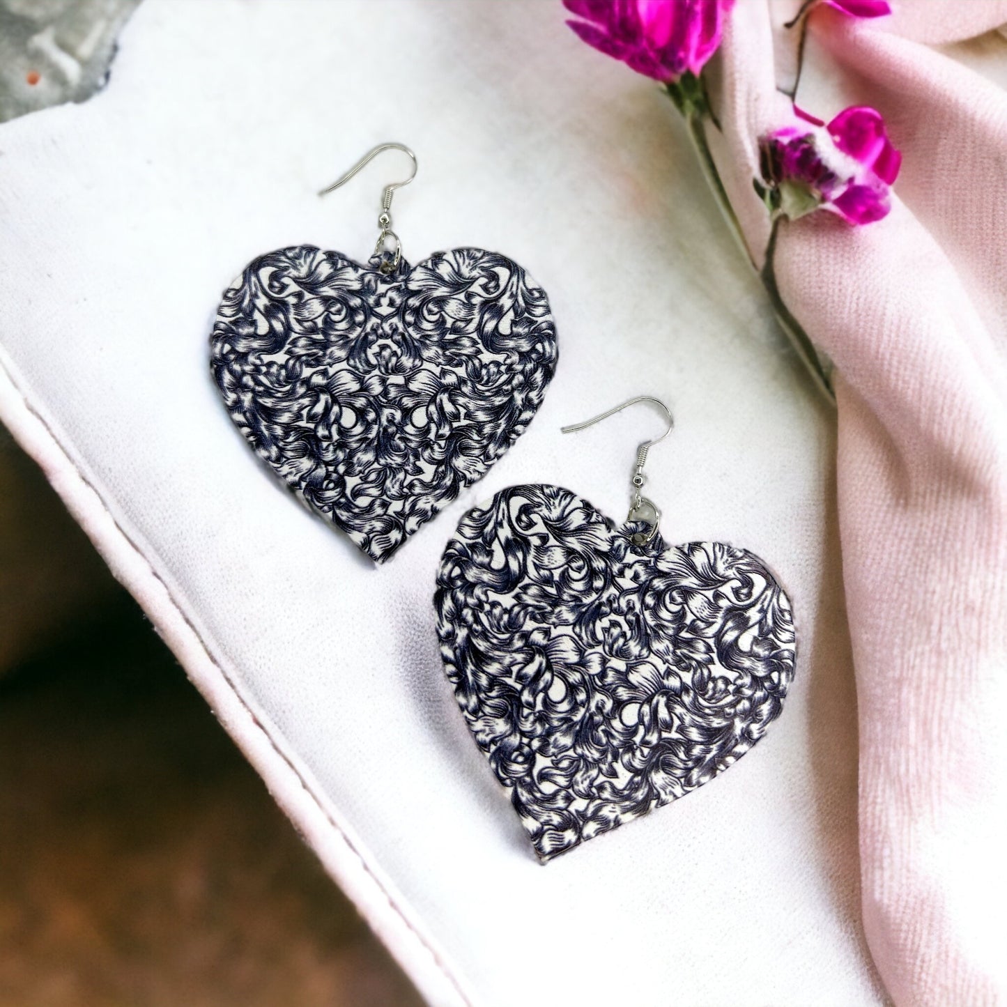 Black and White Heart Earrings - Black and White Earrings, Handmade Earrings, Black Paisley - Rhythms of Grace Creative