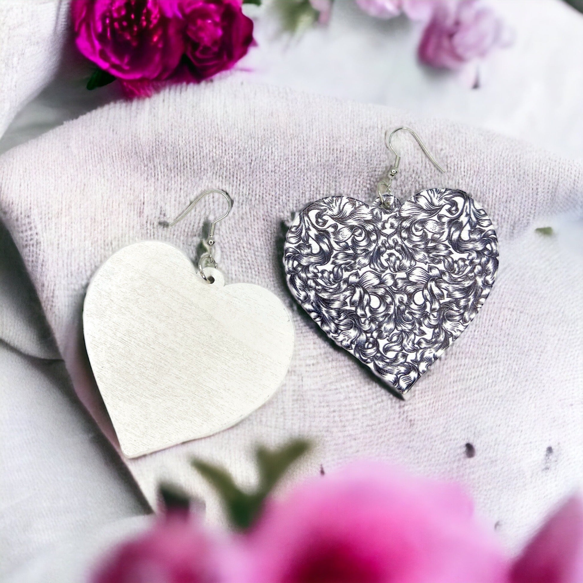 Black and White Heart Earrings - Black and White Earrings, Handmade Earrings, Black Paisley - Rhythms of Grace Creative