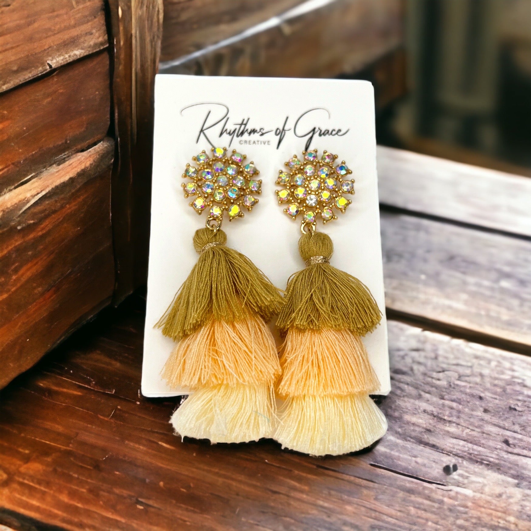 Peach Rhinestone Tassel Earrings - Peach and White, Handmade Earrings, Springtime Accessories, Coral Earrings - Rhythms of Grace Creative