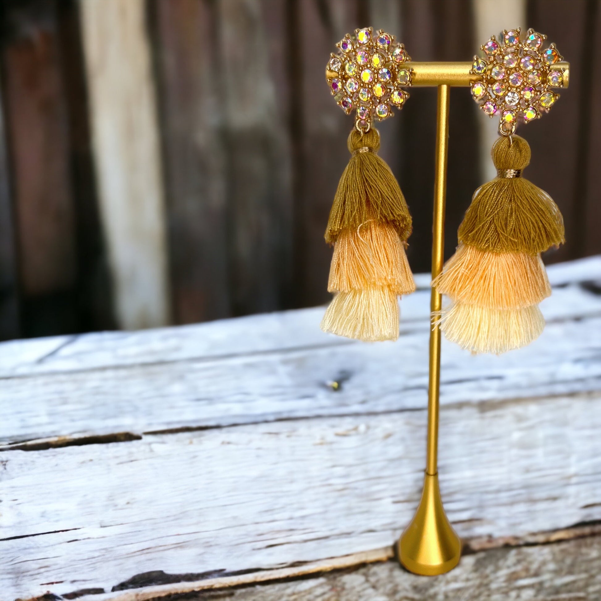 Peach Rhinestone Tassel Earrings - Peach and White, Handmade Earrings, Springtime Accessories, Coral Earrings - Rhythms of Grace Creative