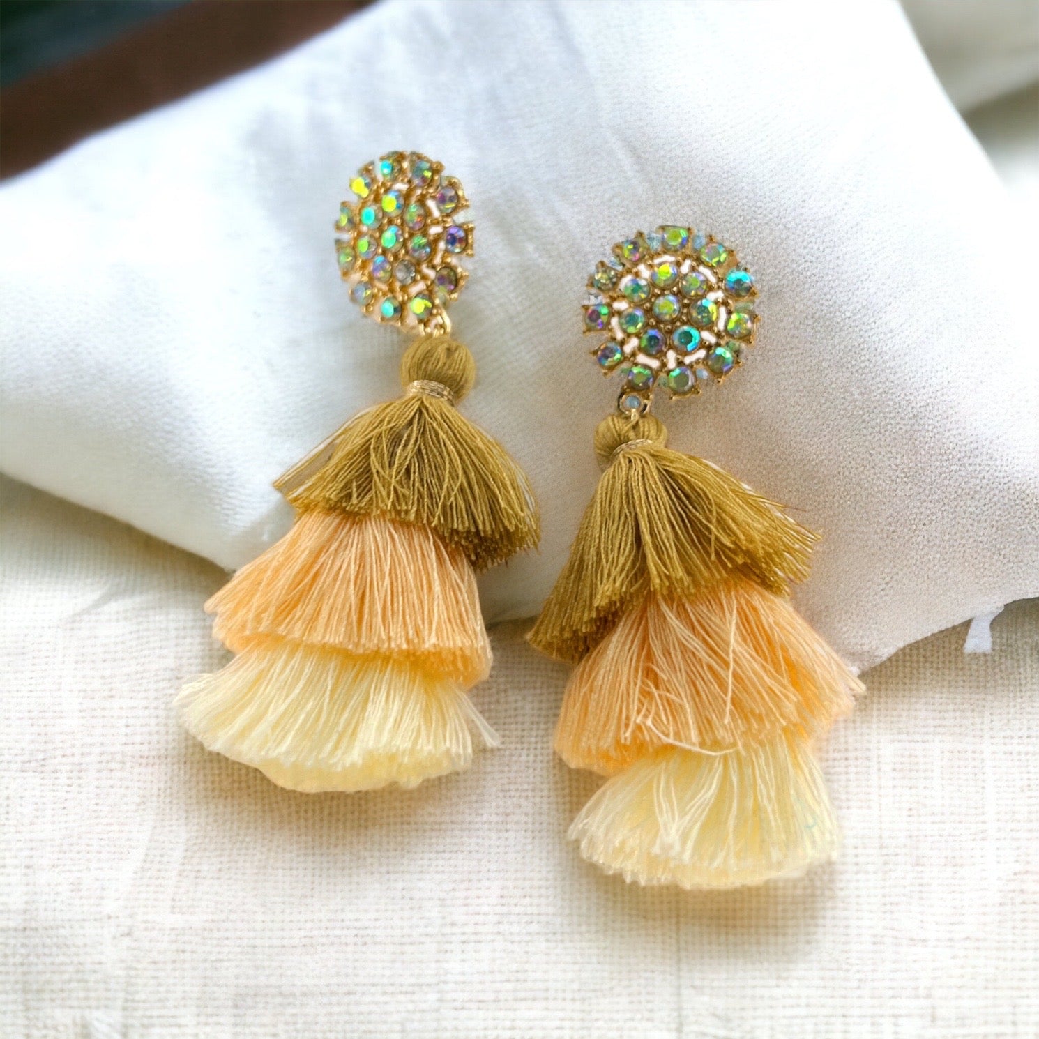 Peach Rhinestone Tassel Earrings - Peach and White, Handmade Earrings, Springtime Accessories, Coral Earrings - Rhythms of Grace Creative