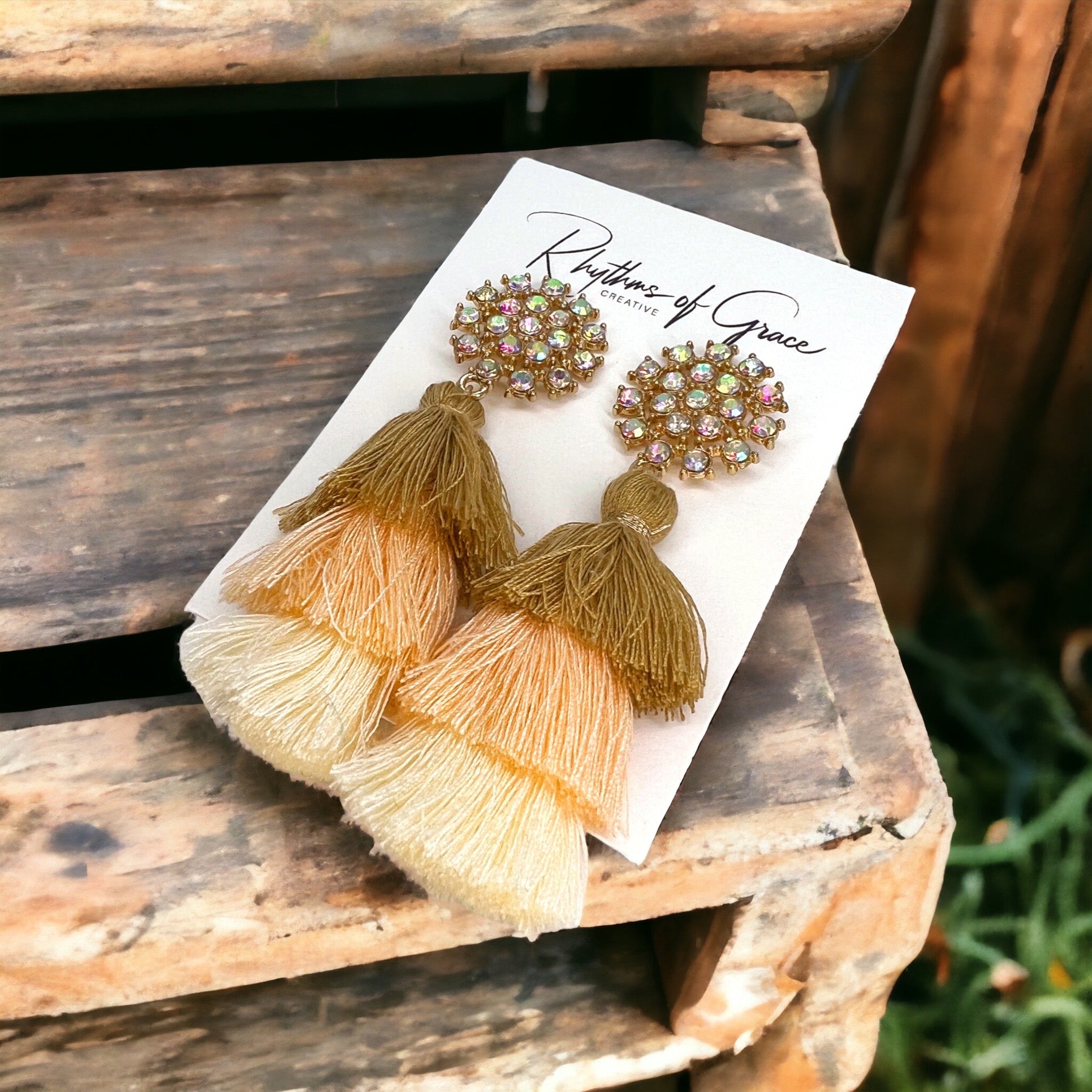 Peach Rhinestone Tassel Earrings - Peach and White, Handmade Earrings, Springtime Accessories, Coral Earrings - Rhythms of Grace Creative