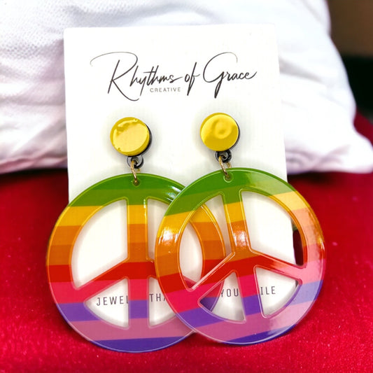 Rainbow Peace Earrings - Festival Accessories, Peace Sign, Handmade Jewelry, Peace Out, Boho Style, Gypsy Earrings, Dangle - Rhythms of Grace Creative
