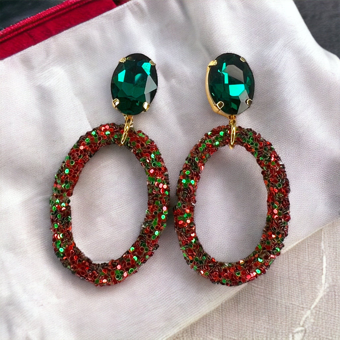 Sparkle & Sleigh: Red & Green Glitter Christmas Dangle Earrings - Rhythms of Grace Creative