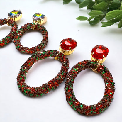 Sparkle & Sleigh: Red & Green Glitter Christmas Dangle Earrings - Rhythms of Grace Creative