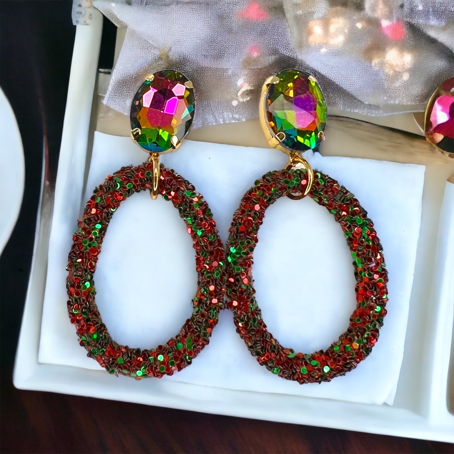 Sparkle & Sleigh: Red & Green Glitter Christmas Dangle Earrings - Rhythms of Grace Creative