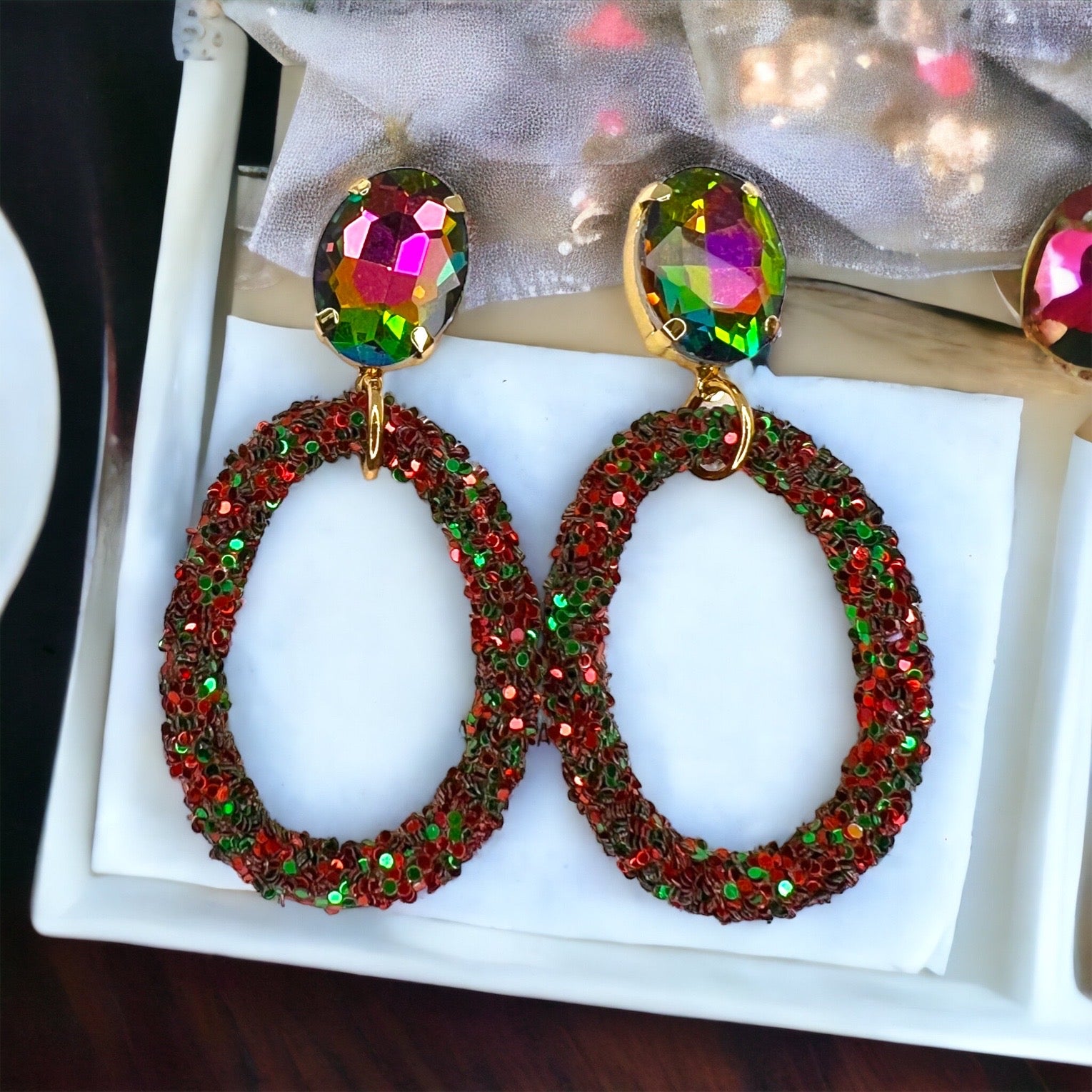 Sparkle & Sleigh: Red & Green Glitter Christmas Dangle Earrings - Rhythms of Grace Creative
