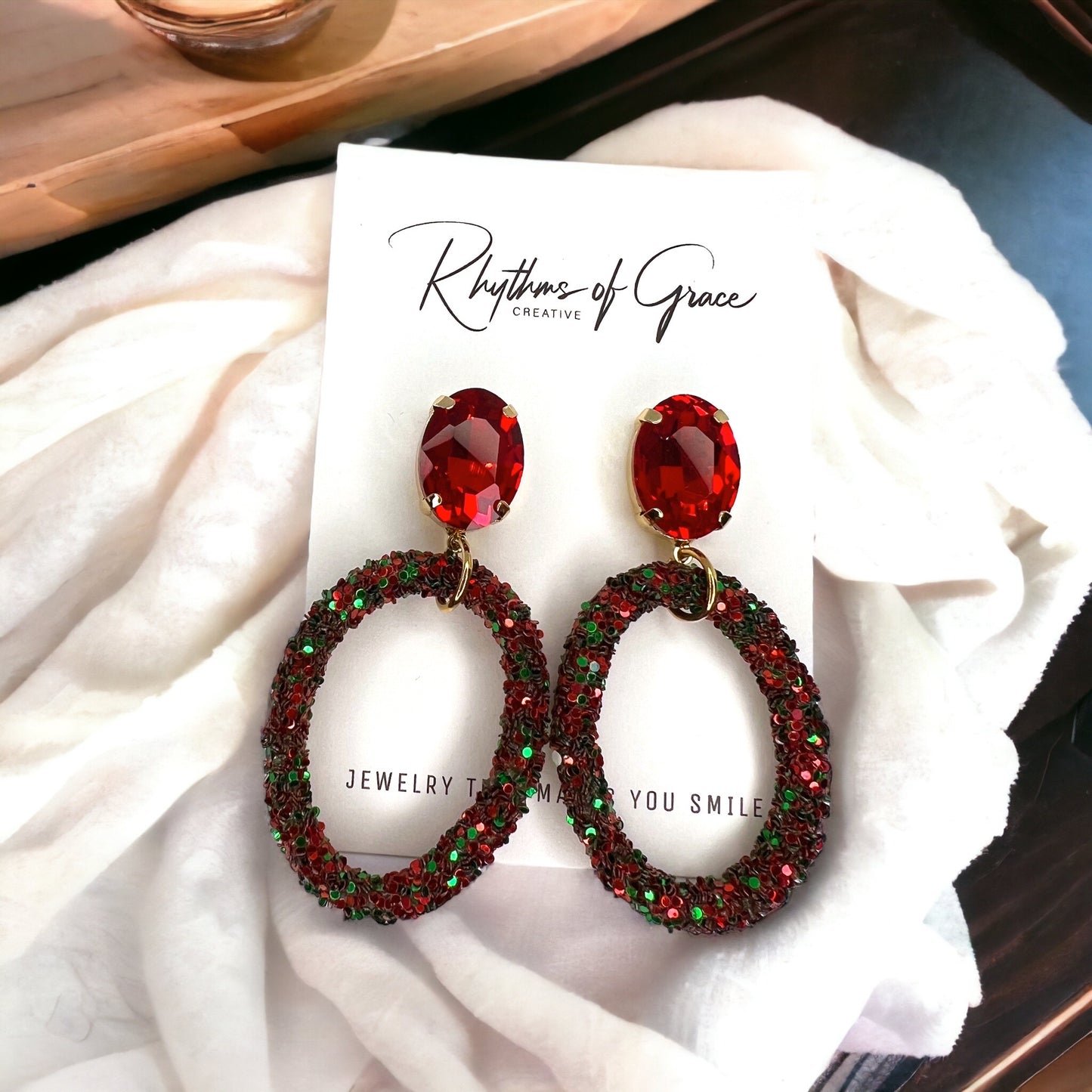 Sparkle & Sleigh: Red & Green Glitter Christmas Dangle Earrings - Rhythms of Grace Creative