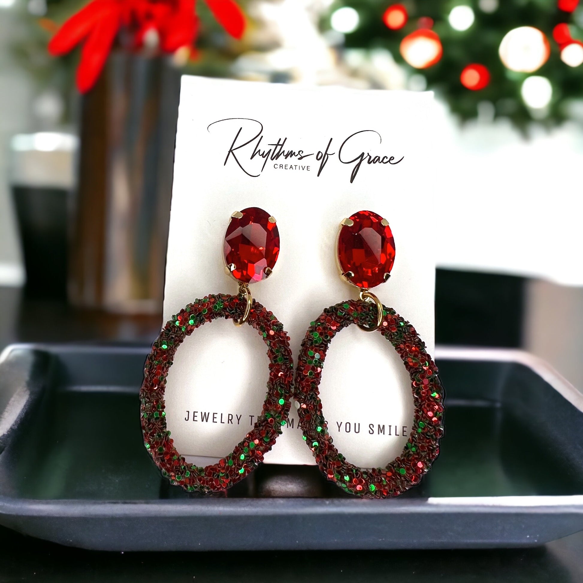 Sparkle & Sleigh: Red & Green Glitter Christmas Dangle Earrings - Rhythms of Grace Creative