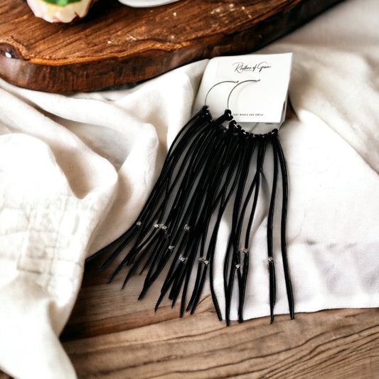 Black Fringe Earrings - Boho Chic, Western Style, Black Leather, Fringe Accessories, Boho Earrings - Rhythms of Grace Creative