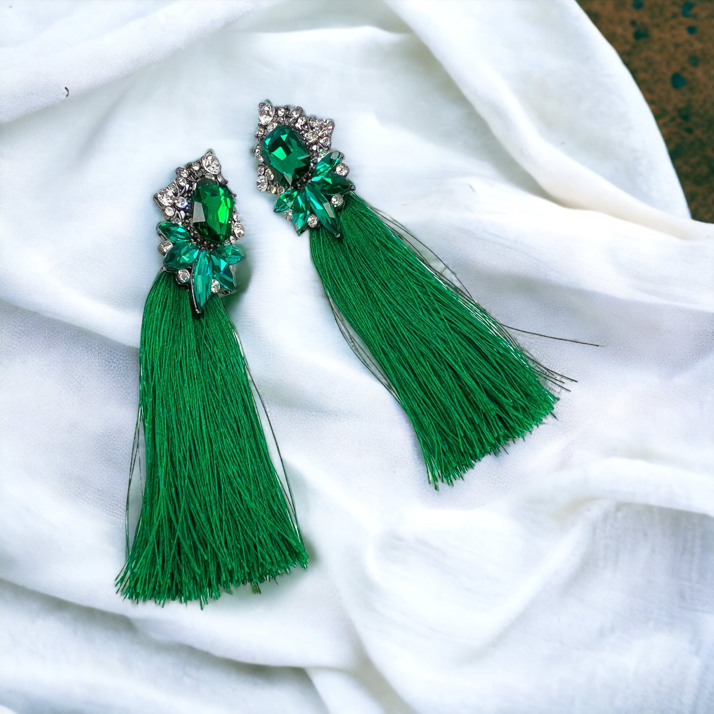 Tassels & Twinkle – Glam Green Rhinestone Drop Earrings - Rhythms of Grace Creative
