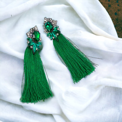 Tassels & Twinkle – Glam Green Rhinestone Drop Earrings - Rhythms of Grace Creative