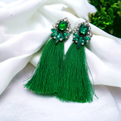 Tassels & Twinkle – Glam Green Rhinestone Drop Earrings - Rhythms of Grace Creative